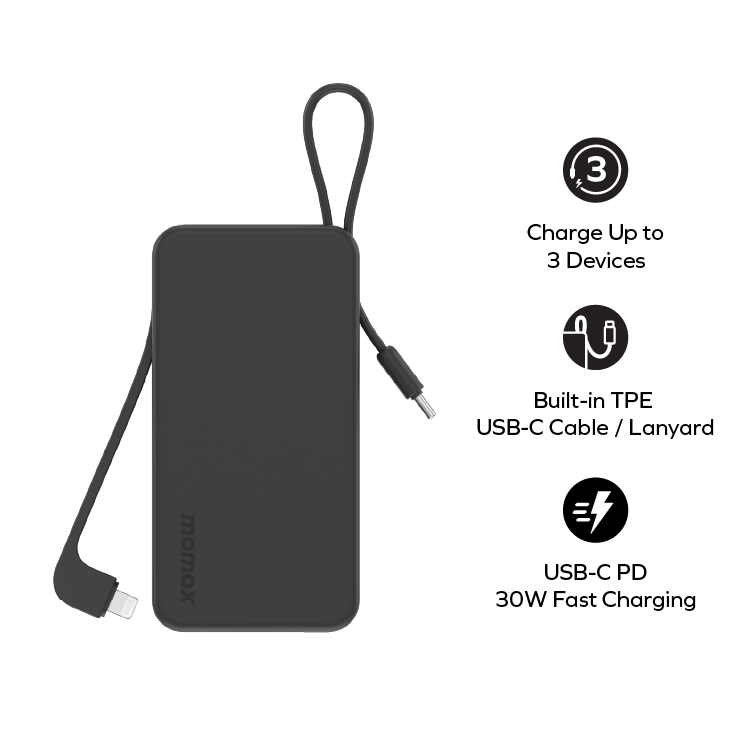 1-Power Vital+ 10000mAh 內建 USB-C 和 Lightning 線 流動電源 (CCC 認證)