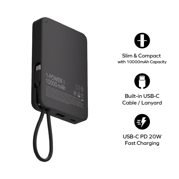 1-Power X 10000mAh 內置USB-C線移動電源 (CCC 認證)